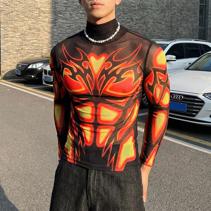 Herren Transparentes Mesh-Langarmshirt mit 3D-Muskeldruck Echoarchiv
