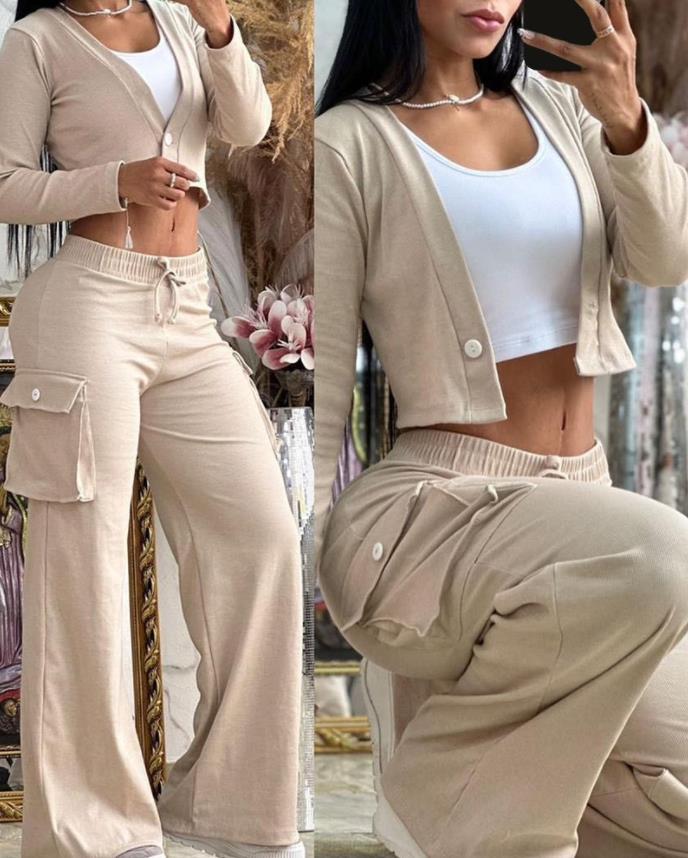Damen Lounge-Set mit weicher Cargo-Sweathose mit weitem Bein und Cropped-Cardigan – Veloura