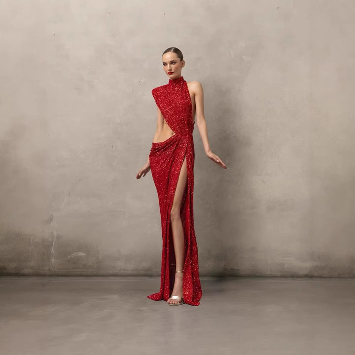 Damen glamouröses Abendkleid mit asymmetrischem Schnitt und glitzerndem Stoff Echo Archiv