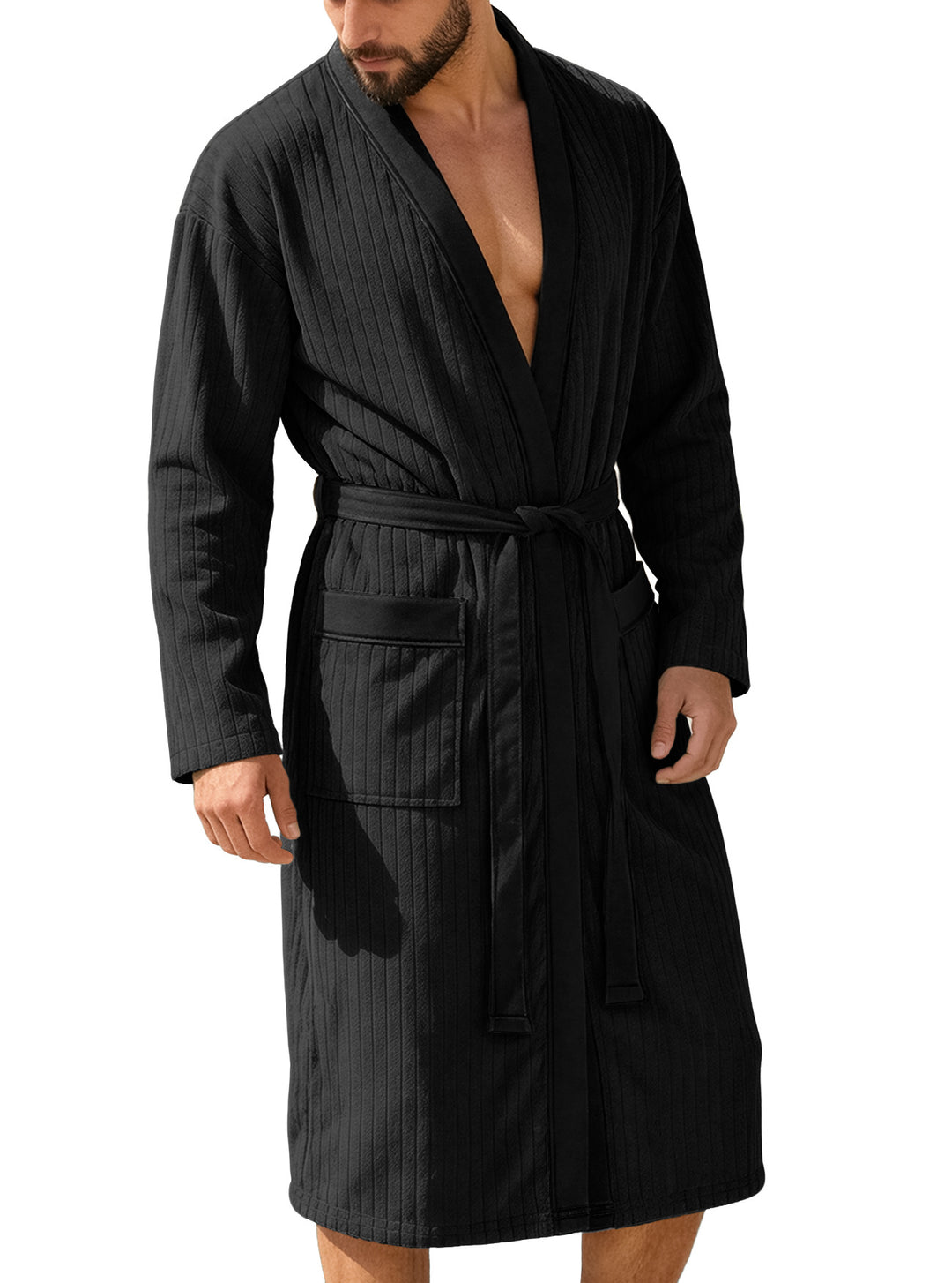 Herren nan wadenlanger Rippen-Bademantel im Kimono-Stil mit Schalkragen und Kontrastpaspel Echo Archiv