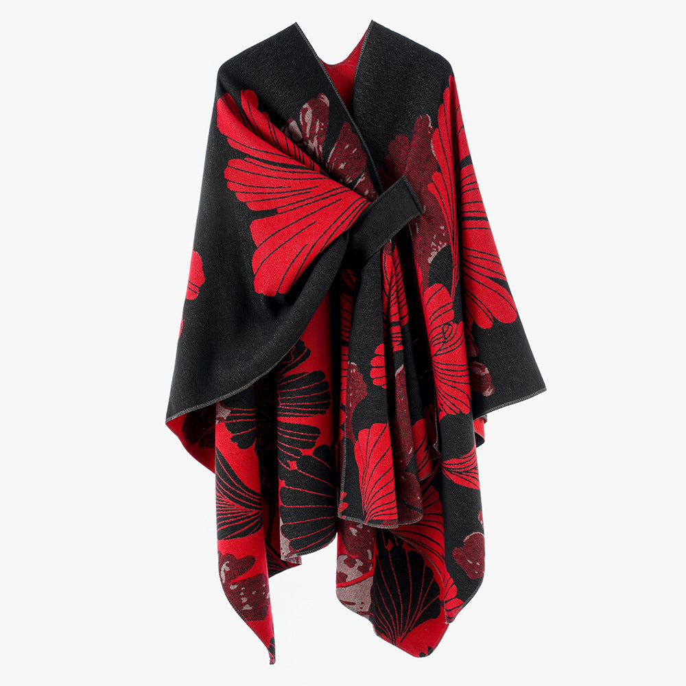Damen Wickelponcho aus Jacquard mit floralem Muster und Taillengürtel – Avérine