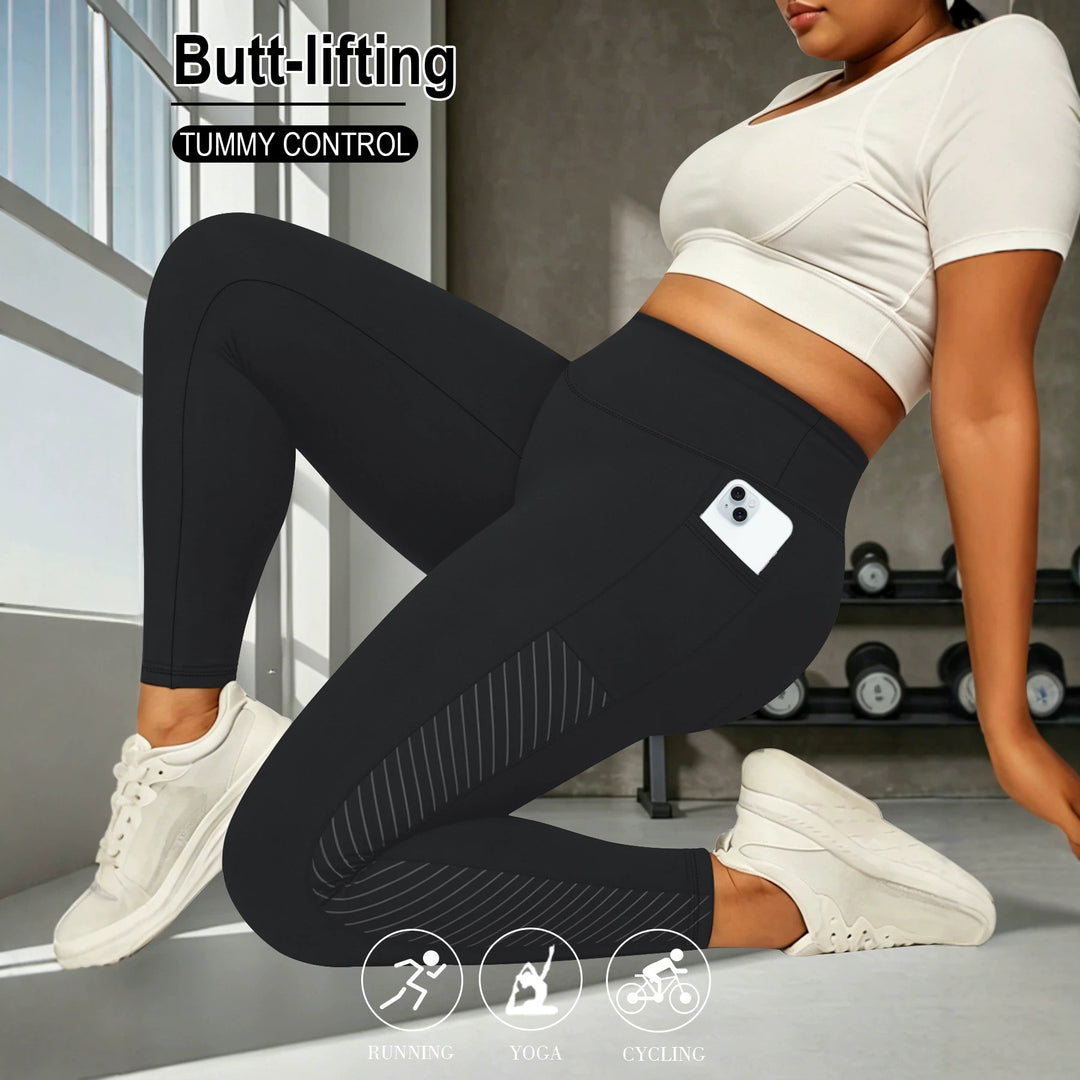 Damen High-Waist Sportleggings knöchellang mit seitlicher Handytasche und Struktur-Panel echoarchiv-