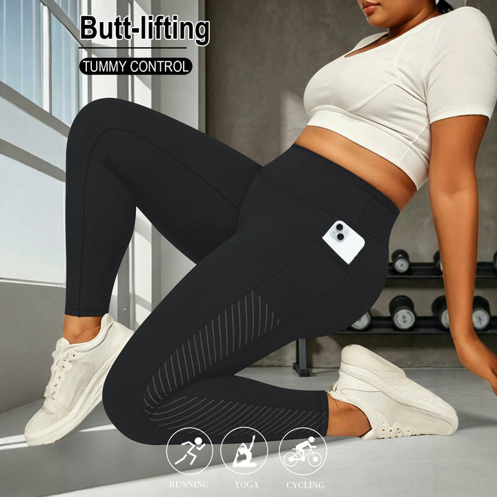 Damen High-Waist Sportleggings knöchellang mit seitlicher Handytasche und Struktur-Panel echoarchiv-