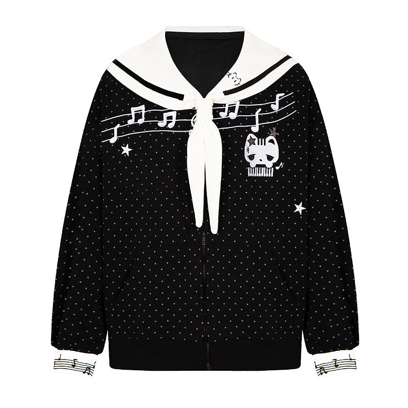 Damen Reißverschluss‑Sweatjacke im Matrosenstil mit Schleifenkragen, Polka‑Dot und Musikmotiv Echoarchiv