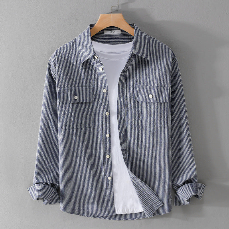 Herren Leichtes Overshirt im Nadelstreifen-Look aus Leinen‑Baumwollmix mit aufgesetzten Brusttaschen Echoarchiv