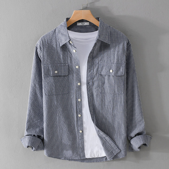 Herren Leichtes Overshirt im Nadelstreifen-Look aus Leinen‑Baumwollmix mit aufgesetzten Brusttaschen Echoarchiv