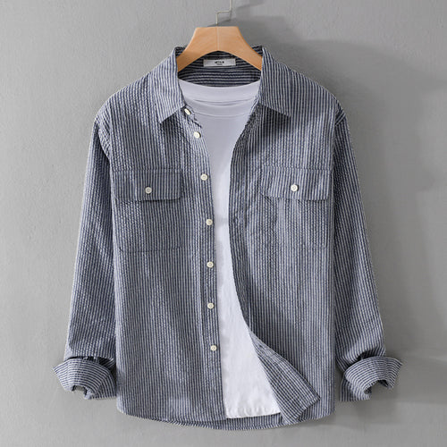 Herren Leichtes Overshirt im Nadelstreifen-Look aus Leinen‑Baumwollmix mit aufgesetzten Brusttaschen Echoarchiv