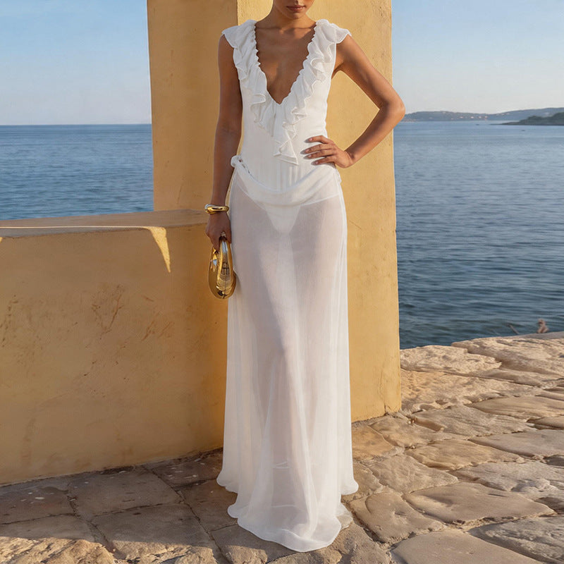 Damen Elegantes Strandkleid mit fransigen Details und tiefem V-Ausschnitt Echo Archiv