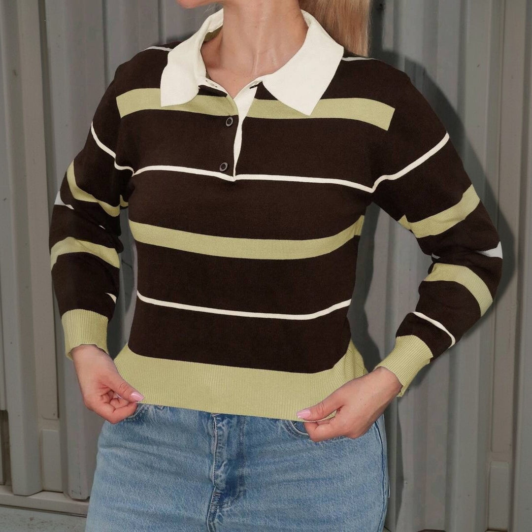Damen Gestreifter Rugby-Pullover mit Polokragen und gerippten Abschlüssen Echoarchiv