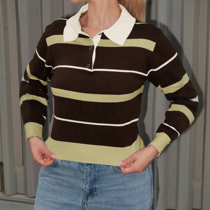Damen Gestreifter Rugby-Pullover mit Polokragen und gerippten Abschlüssen Echoarchiv