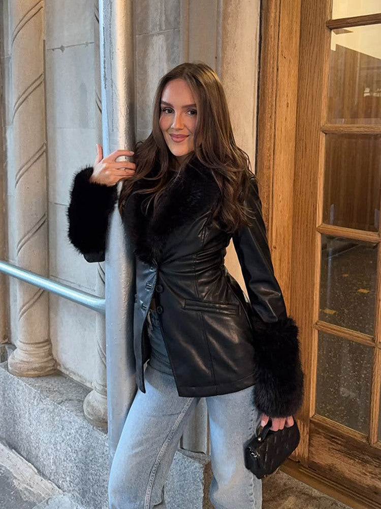 Damen Taillierter Lederimitat-Midimantel mit Wiener Nähten, voluminösem Faux‑Fur‑Schalkragen & Fellmanschetten Echoarchiv