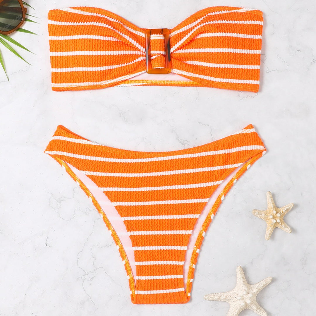 Damen Bandeau-Bikini mit modischem Streifenmuster und dekorativer Schnalle Echo Archiv