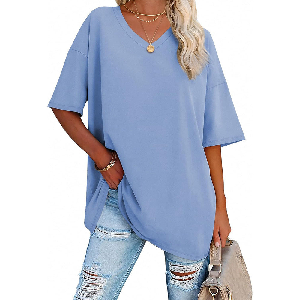 Damen Oversized T-Shirt mit V-Ausschnitt und seitlichen Schlitzen Echoarchiv