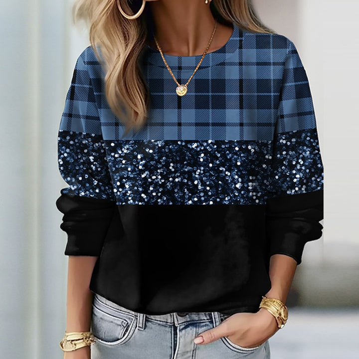 Damen Sweatshirt mit Karomuster, Pailletten-Band und lockerem Saum – Avérine