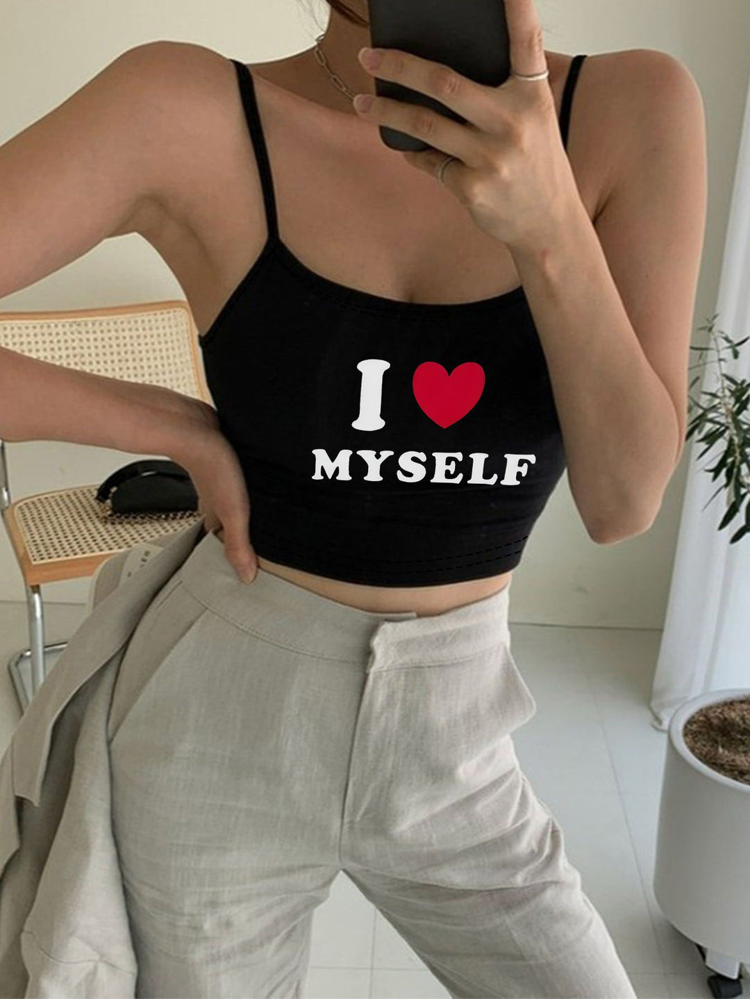Damen Crop-Top mit motivierendem Statementdruck und feinen Spaghettiträgern Echo Archiv