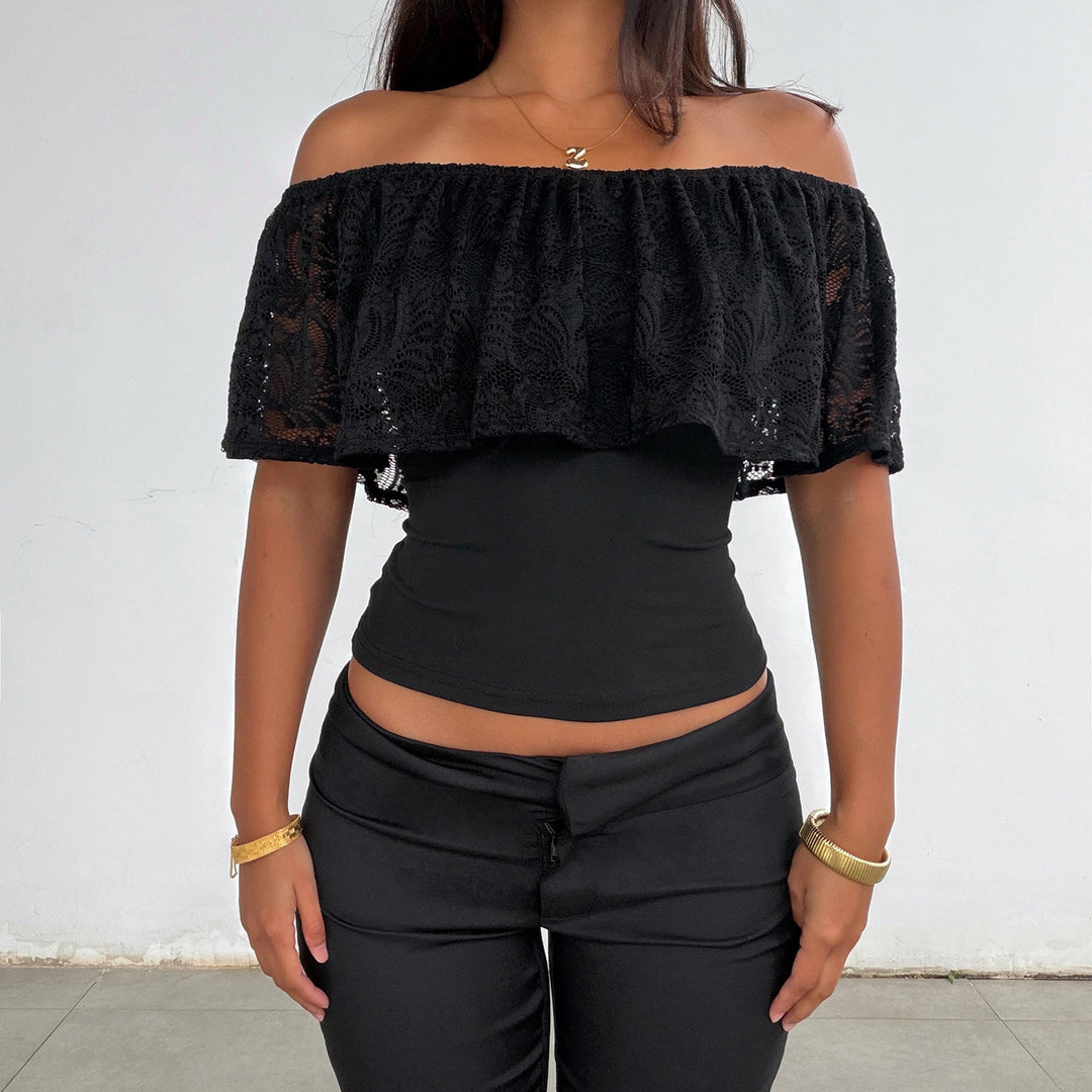 Damen Oberteil mit Spitzen-Overlay und schulterfreiem Design Echo Archiv