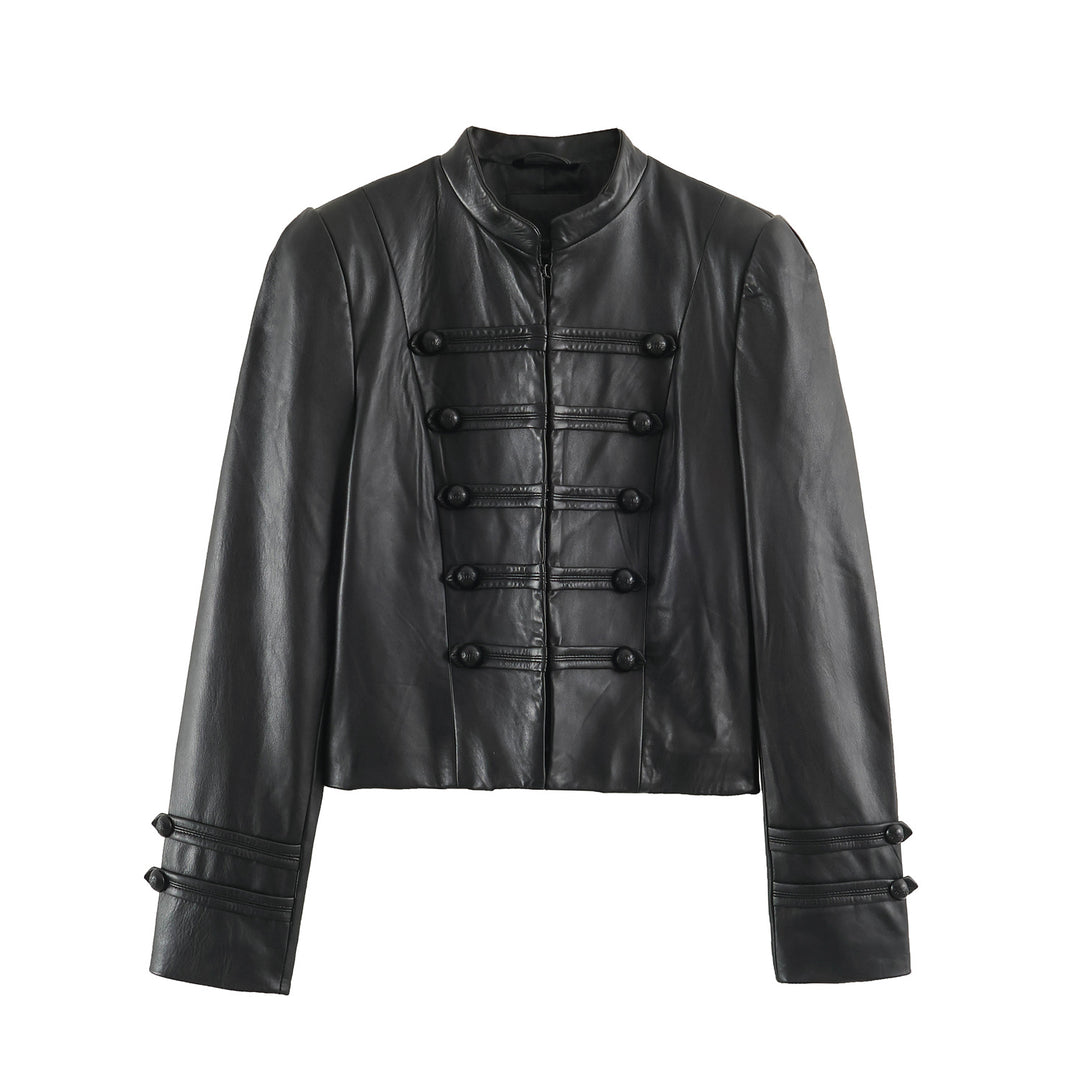 Damen Cropped-Lederoptik-Jacke im militärisch inspirierten Design mit Stehkragen und Zierdöbeln Echo Archiv