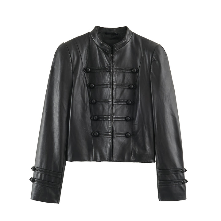 Damen Cropped-Lederoptik-Jacke im militärisch inspirierten Design mit Stehkragen und Zierdöbeln Echo Archiv