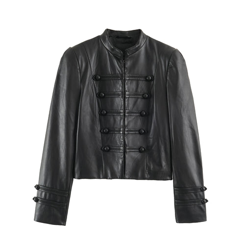 Damen Cropped-Lederoptik-Jacke im militärisch inspirierten Design mit Stehkragen und Zierdöbeln Echo Archiv