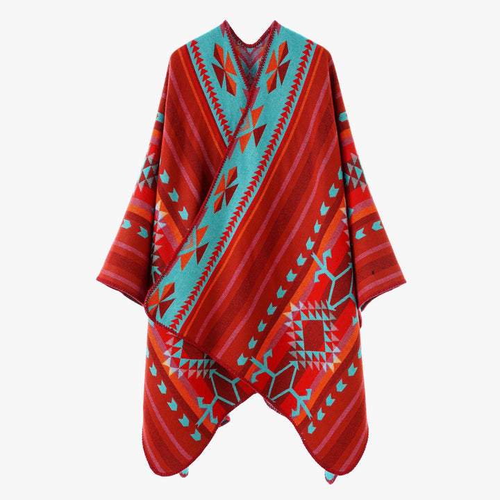 Damen Weicher Jacquard‑Strickponcho mit geometrischem Muster und Ziernaht Echo Archiv