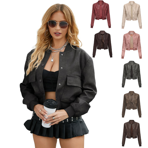 Damen nan kurze Crop-Kunstlederjacke im Blousonstil mit Druckknopffront und aufgesetzten Pattentaschen Echo Archiv