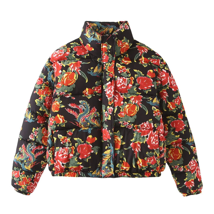 Damen nan gesteppte Daunenoptik Steppjacke mit floralem Alloverprint, Stehkragen und elastischem Saum Echo Archiv