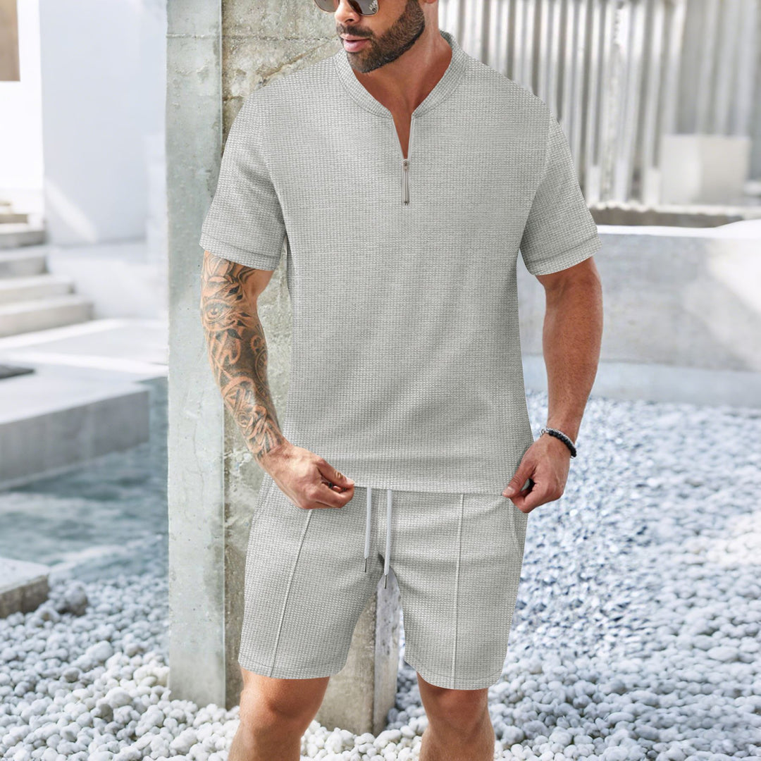 Herren sportliches Kurzarm-Set mit Reißverschluss und bequemen Shorts Echoarchiv