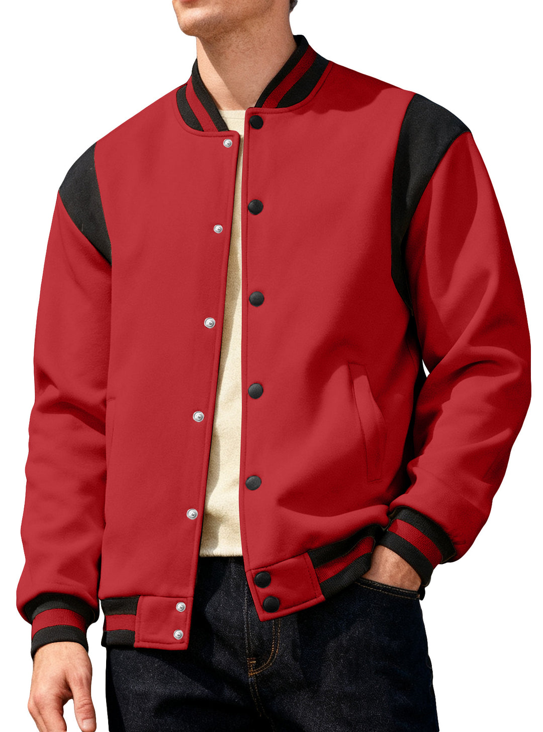 Herren lässige Collegejacke mit Druckknöpfen und elastischen Bündchen Echoarchiv