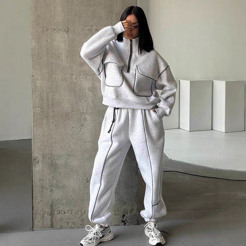 Damen nan Oversize Halbzip-Sweatshirt mit aufgesetzten Klappentaschen und Kontrastpaspeln Echo Archiv
