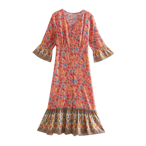 Damen Boho-Maxikleid mit V-Ausschnitt, taillierten Abnähern und Volantärmeln Echoarchiv
