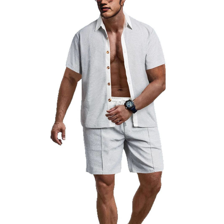 Herren nan modernes Freizeit-Set aus feinem Strukturjersey mit Hemdkragen-Knopfleiste und Kordel-Shorts Echo Archiv