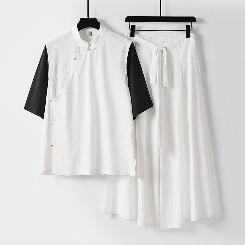 Damen Zweiteiliges Kimono-Loungewear-Set aus Leinenmischung mit Stehkragen asymmetrischer Knopfleiste und weitem Palazzo-Hosenrock Echoarchiv