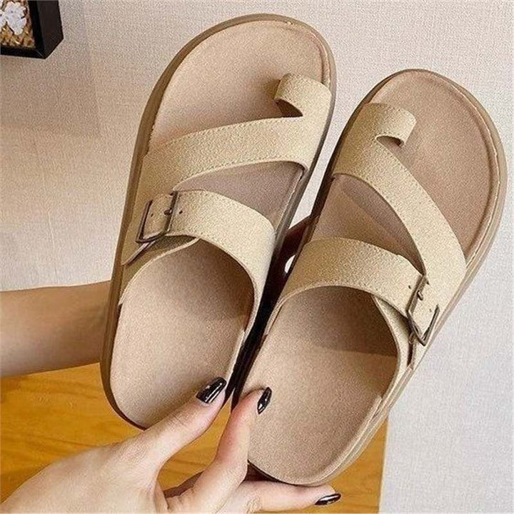 Damen Plateau-Sandalen mit Zehensteg, Kork‑Fußbett und verstellbarer Schnalle – Sorelia