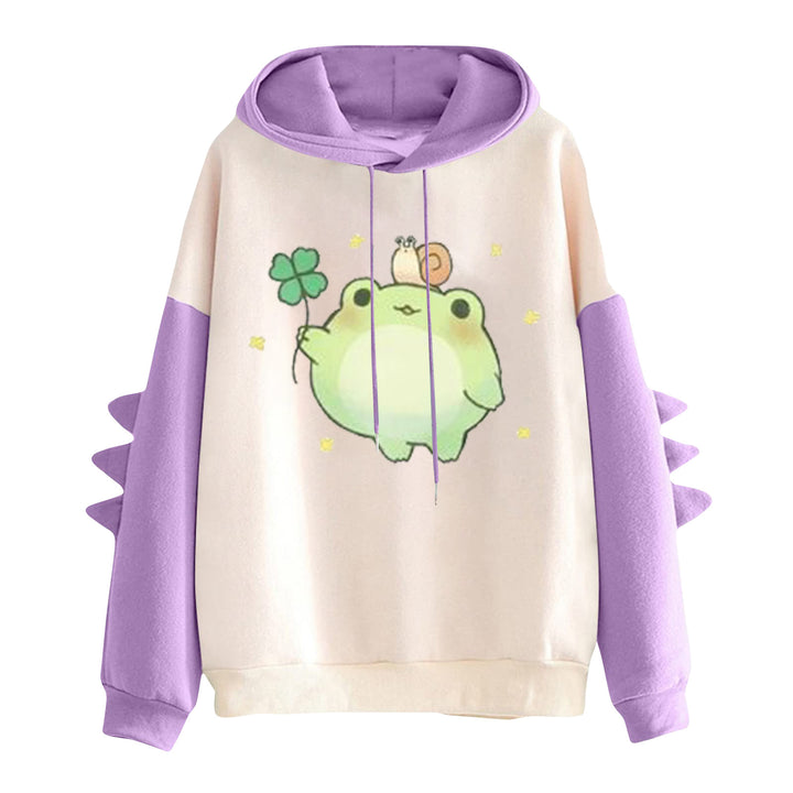 Damen Kapuzenpullover mit niedlichem Frosch-Motiv, Kängurutasche und volumigen Ärmelapplikationen – Auréline