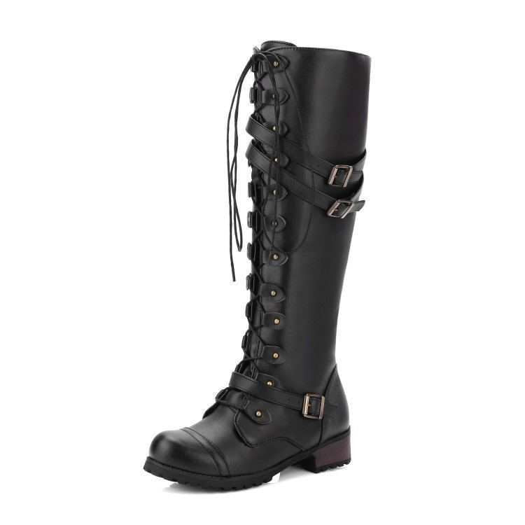 Damen nan kniehohe Schnürstiefel im Militär-Vintage Stil mit dekorativen Riemen und verstellbaren Schnallen Echo Archiv