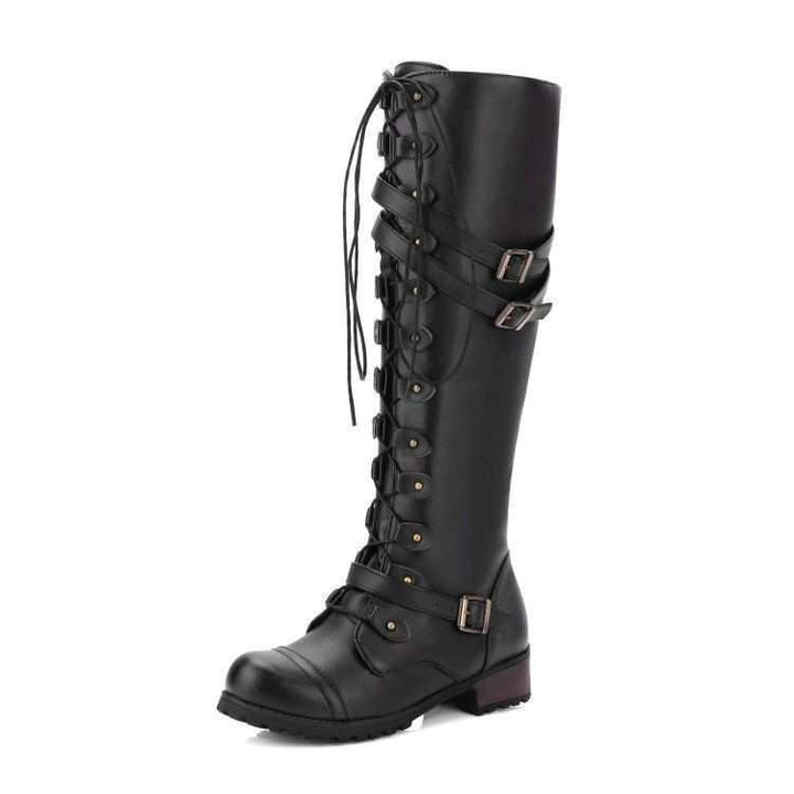 Damen nan kniehohe Schnürstiefel im Militär-Vintage Stil mit dekorativen Riemen und verstellbaren Schnallen Echo Archiv