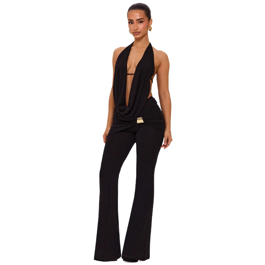 Damen elegantes, figurbetontes Jumpsuit mit tiefem Ausschnitt und weitem Bein Echo Archiv