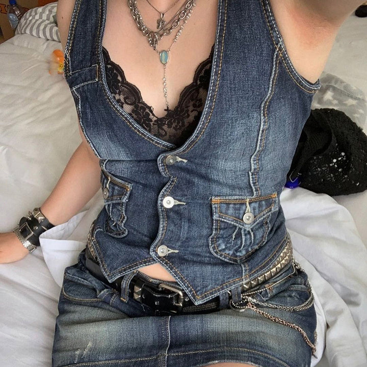 Damen Denim-Bustierjacke mit nostalgischem Spitzeneinsatz und dekorativen Knopfdetails Echo Archiv