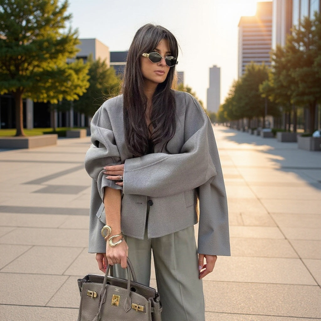 Damen Kurzmantel aus Wollmix mit Oversize‑Silhouette, V‑Ausschnitt und Zweiknopfverschluss Echo Archiv