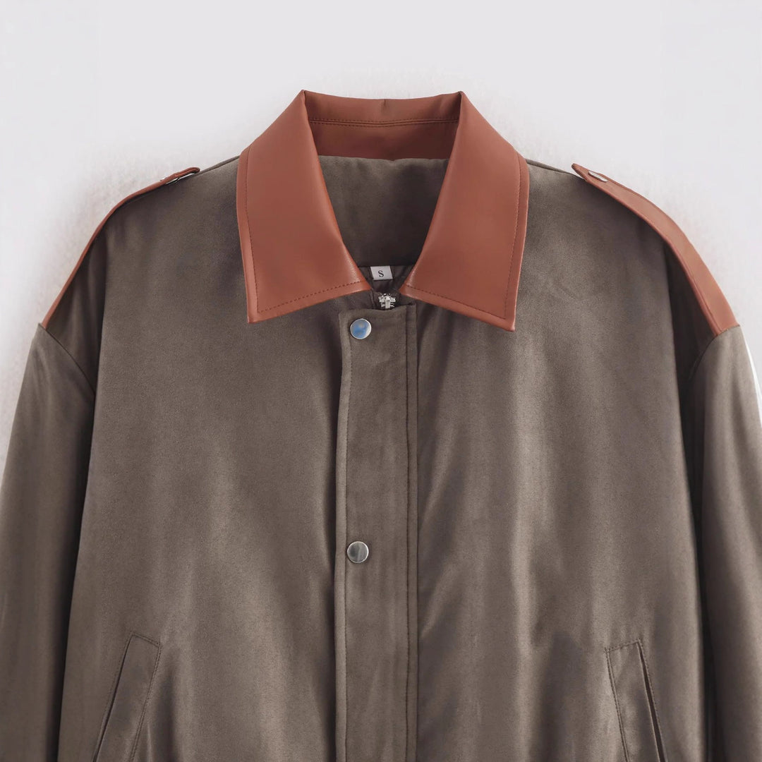Damen oversized Kurzjacke mit kontrastkragen, Schulterpatten und elastischem Taillenzug – Célinea