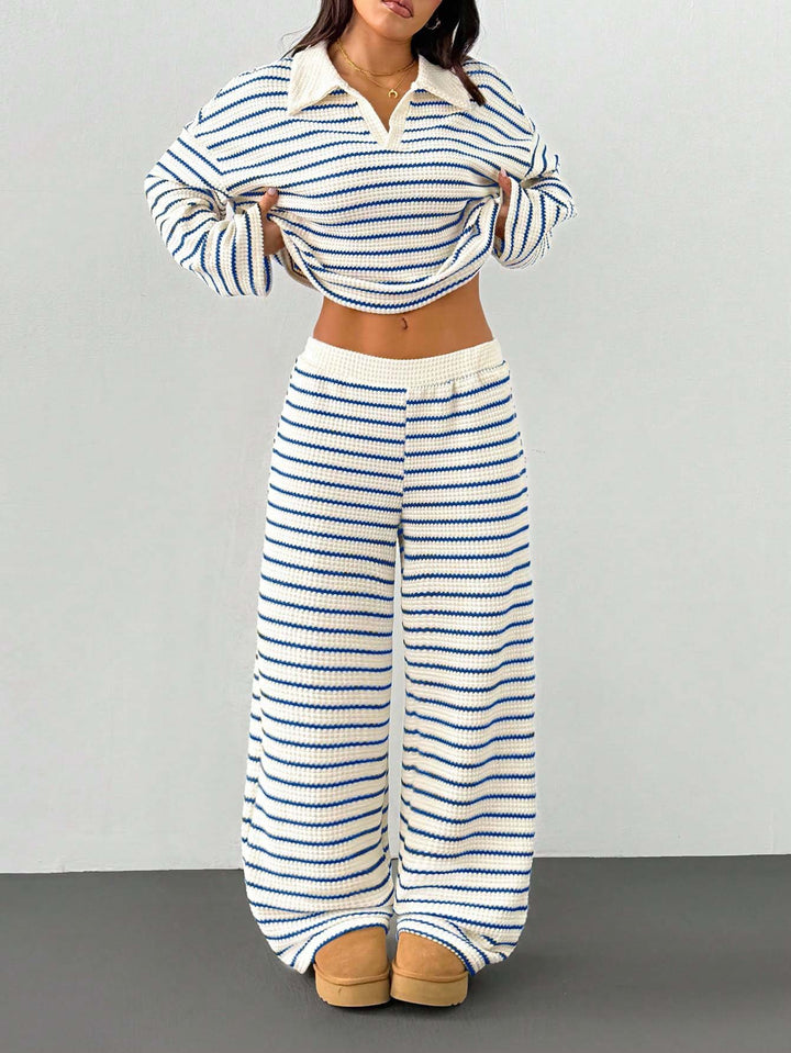 Damen Gestreiftes Strick-Set aus Polokrippenpullover und weiten Palazzo-Strickhose Echo Archiv