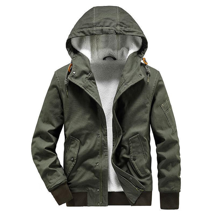 Herren Canvas-Kapuzenjacke mit Sherpa-Innenfutter, Utility-Taschen und Rippbündchen – Taviero
