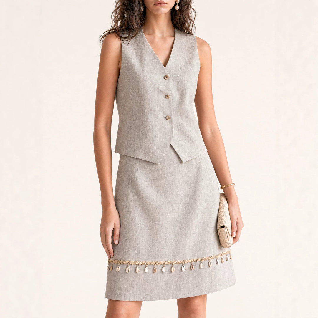 Damen Eleganter Leinenrock mit Zierperlen Echo Archiv