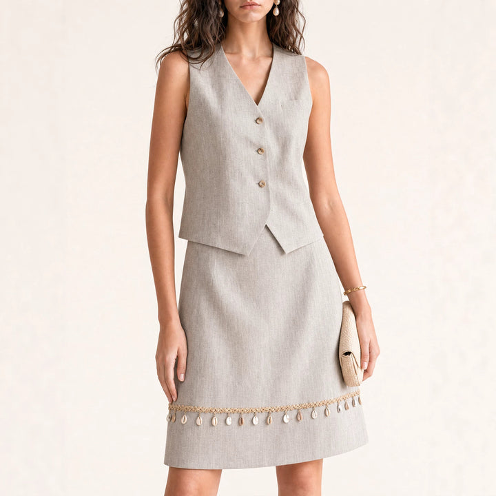Damen Eleganter Leinenrock mit Zierperlen Echo Archiv