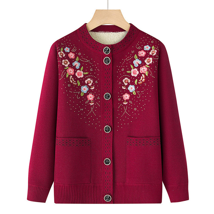 Damen bestickte Strickjacke mit Rundhals, aufgesetzten Taschen und dekorativer Knopfleiste – Veloura