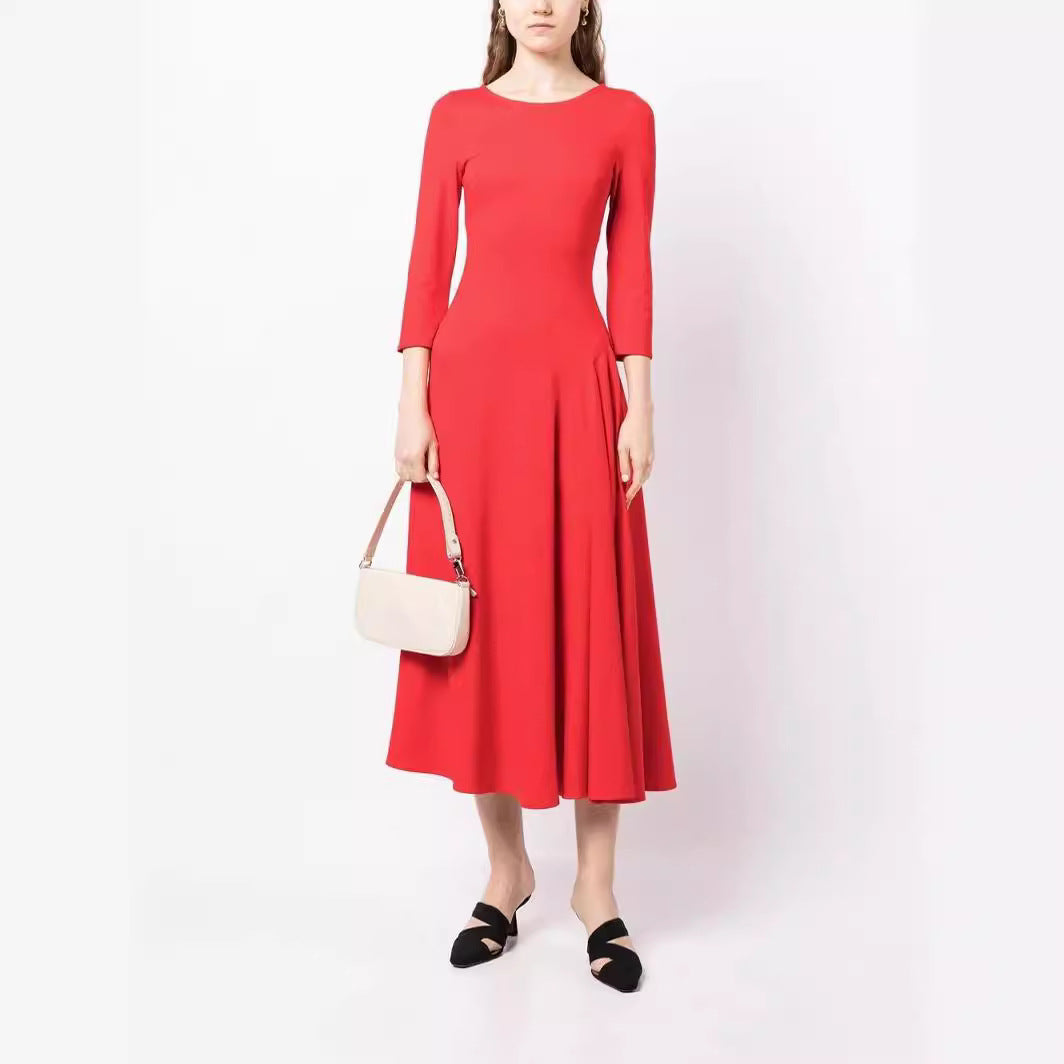 Damen Elegantes Midikleid mit tailliertem A-Linien-Schnitt und dreiviertel Ärmeln Echoarchiv