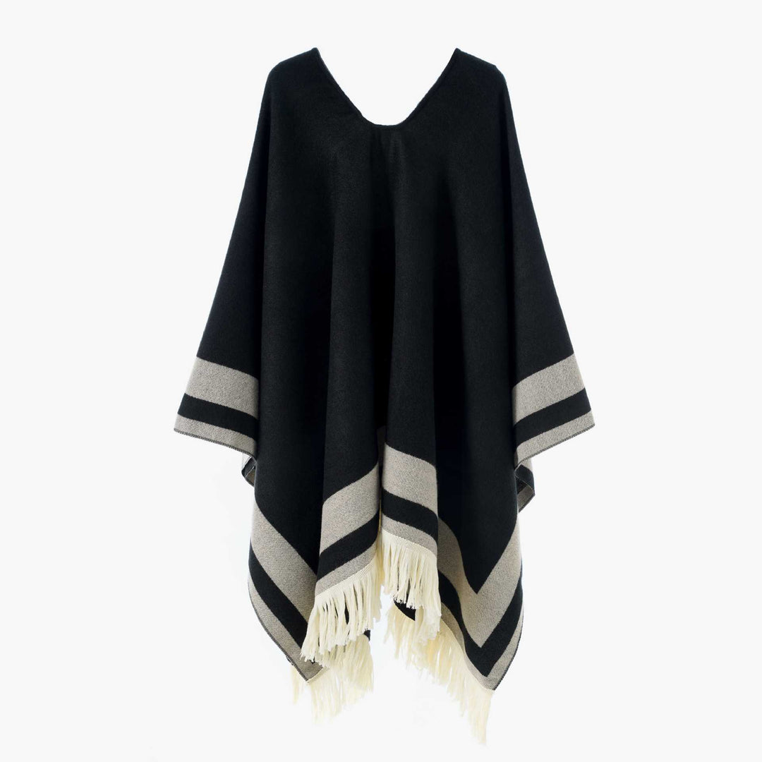 Damen Oversize Poncho-Cape mit V-Ausschnitt und Fransensaum – Avérine