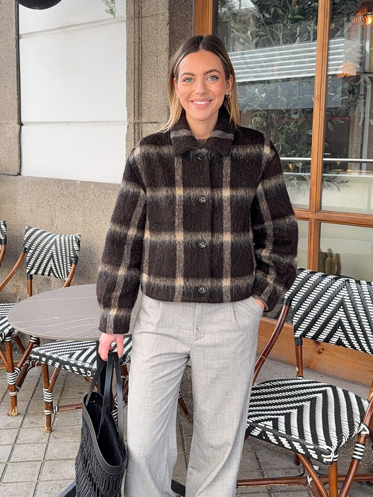 Damen Kurze karierte Bouclé‑Jacke mit kastiger Silhouette und Knopfleiste Echoarchiv