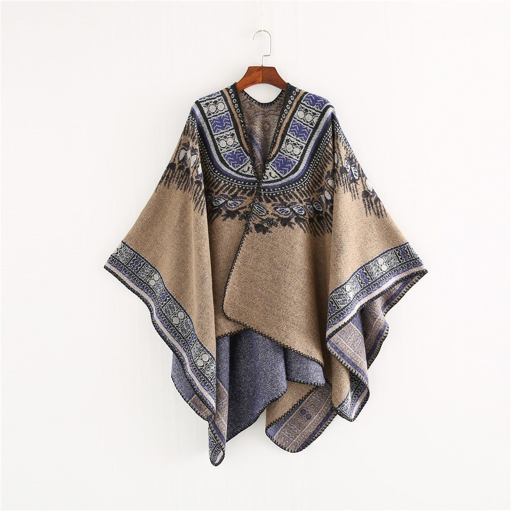 Damen Oversize-Poncho im Ethno-Jacquard mit V-Ausschnitt und strukturiertem Saum Echo Archiv