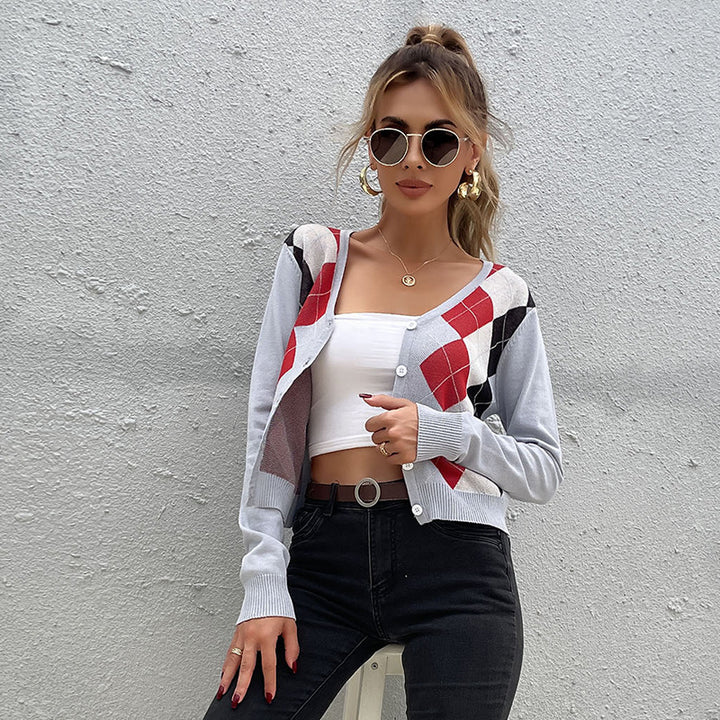Damen Leichter Kurzcardigan mit Rautenmuster, V-Ausschnitt und Knopfleiste Echoarchiv